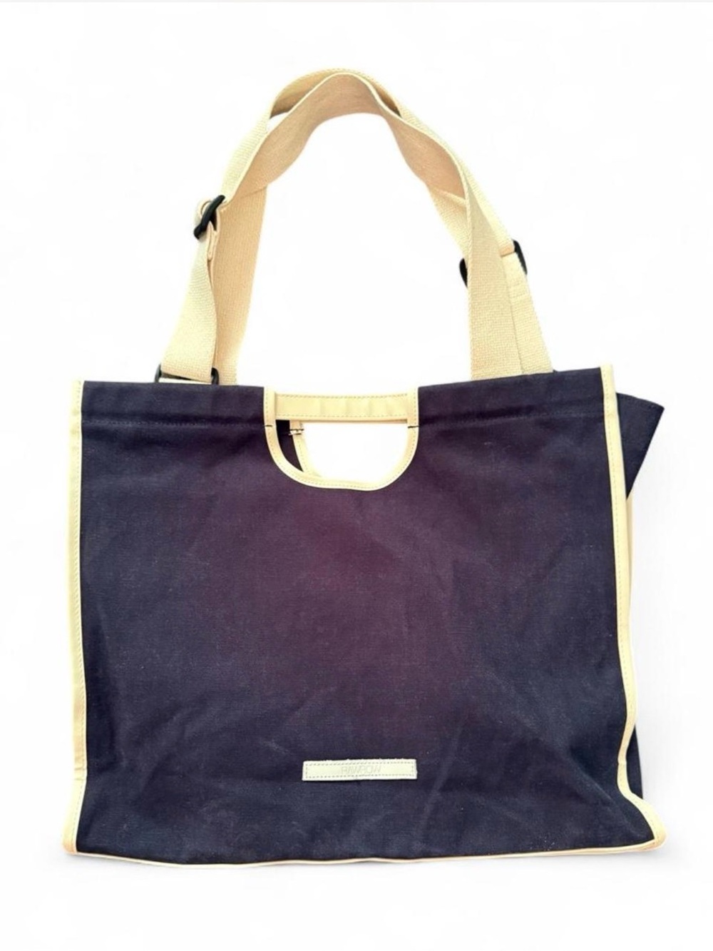 RAWROW navy tote bag with cutout handle & webbed shoulder strap, leather trim